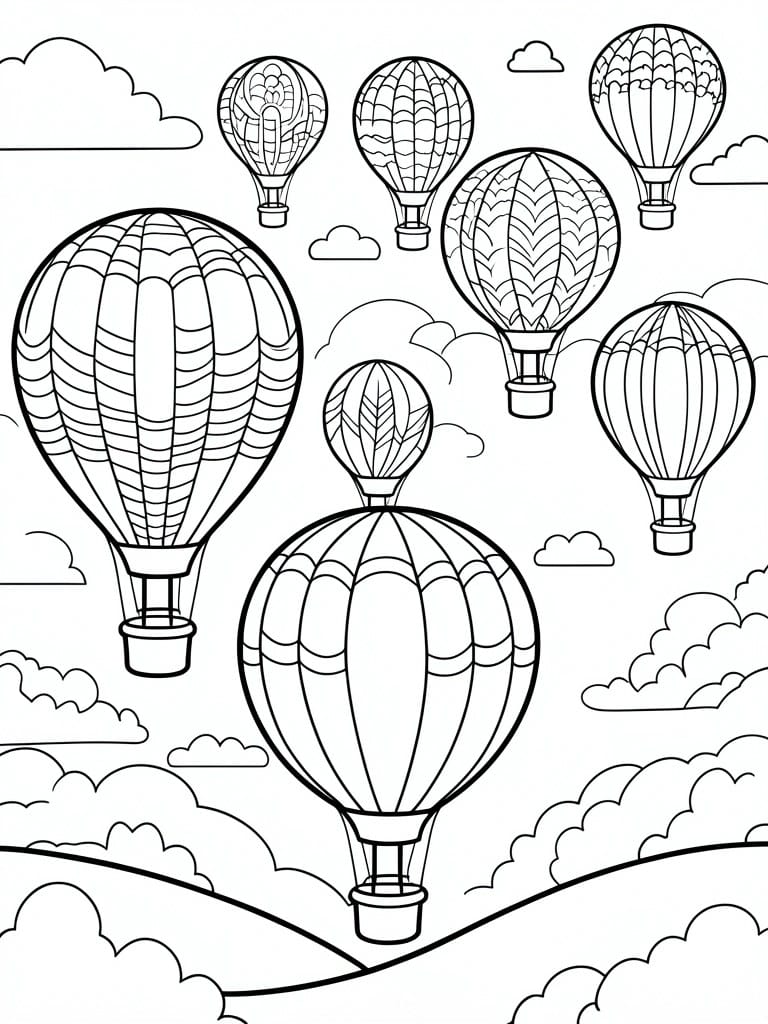Coloring page with patterned hot air balloons floating among clouds above hills