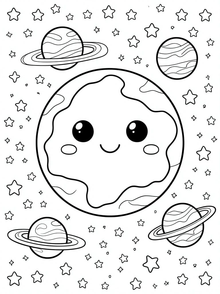 Coloring page with cute cartoon planet face, stars, and ringed planets
