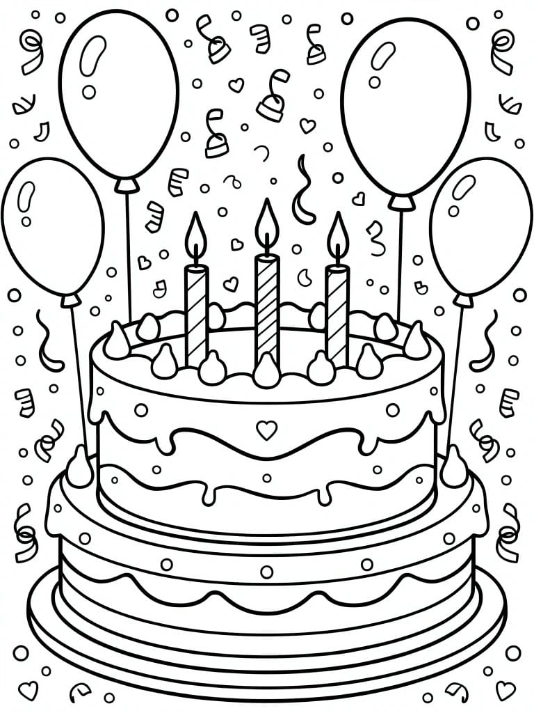 A black and white line drawing of a three-tiered birthday cake with three candles, balloons on sticks, and confetti scattered around.