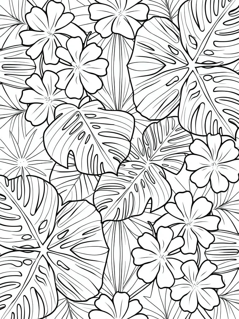 Black and white line drawing of dense tropical leaves and flowers