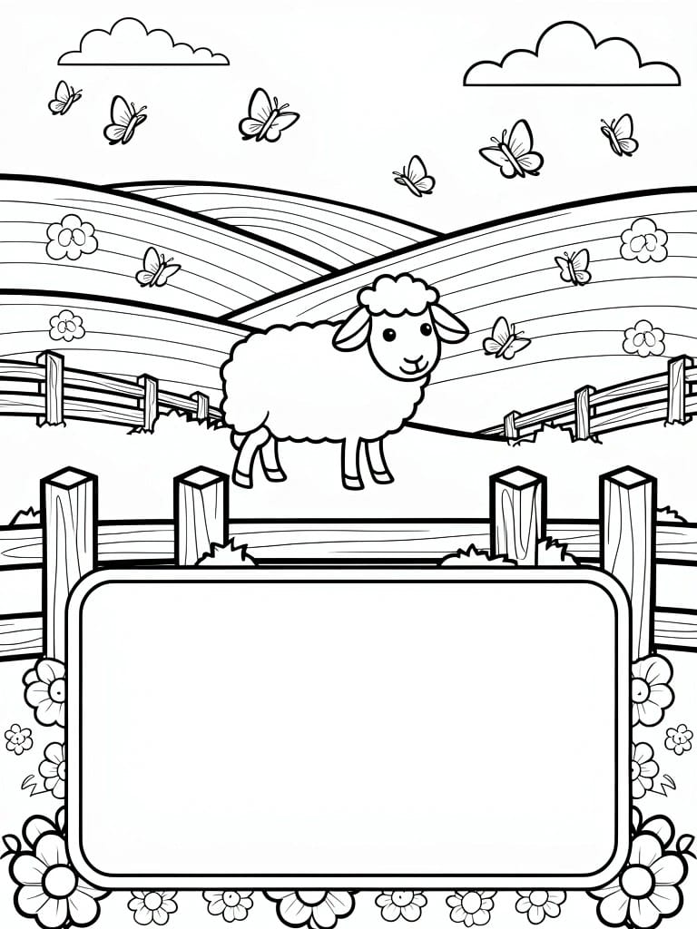 A black and white coloring page shows a sheep near fences in rolling hills with butterflies, clouds, and a large blank rectangular sign bordered by flowers at the bottom.