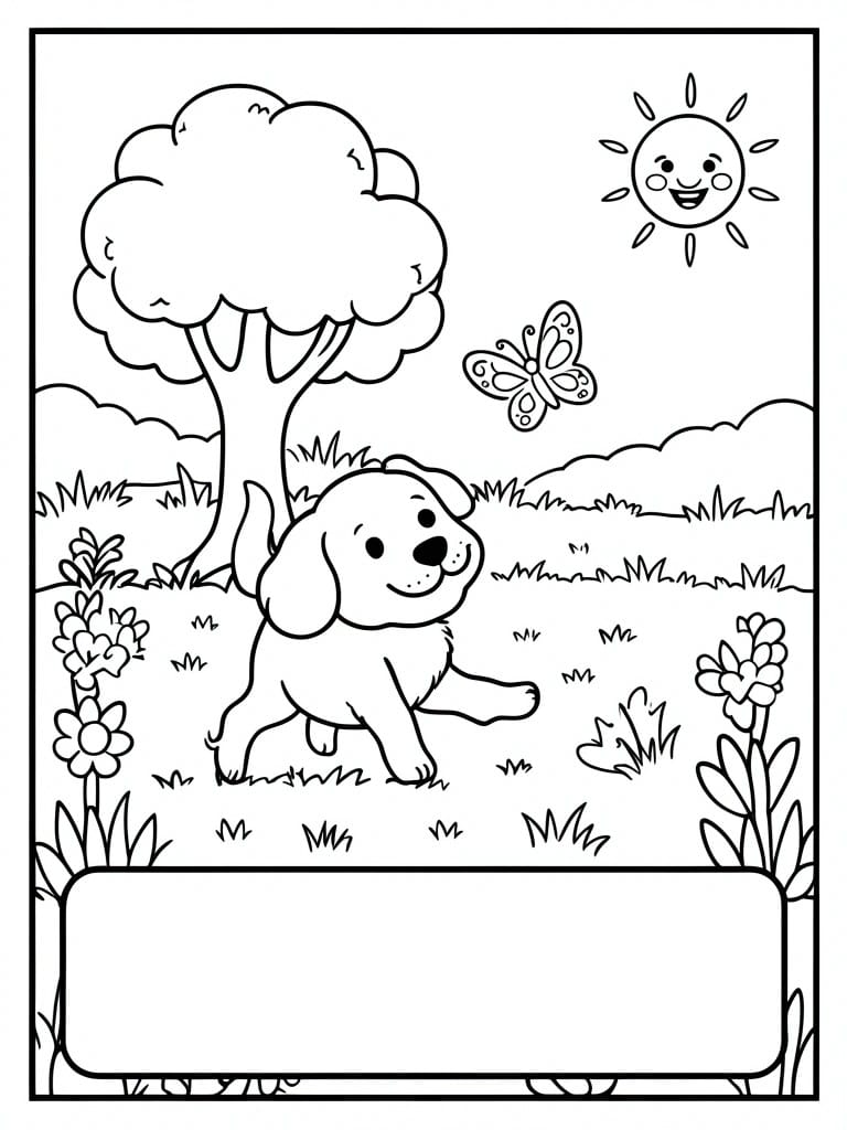 Coloring page of playful puppy in sunny meadow with tree, butterfly, flowers, and blank box.