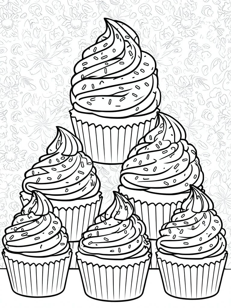 A coloring page shows five cupcakes stacked in a pyramid with swirled frosting and sprinkles on a floral patterned background.