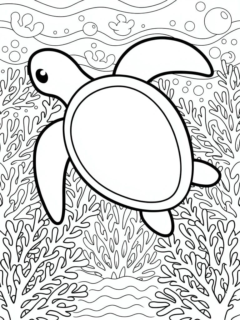 Coloring page of sea turtle swimming underwater amid coral reefs and bubbles