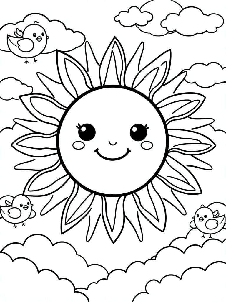 A black and white coloring page shows a smiling sun with rays, three birds on clouds, and additional clouds in the sky.