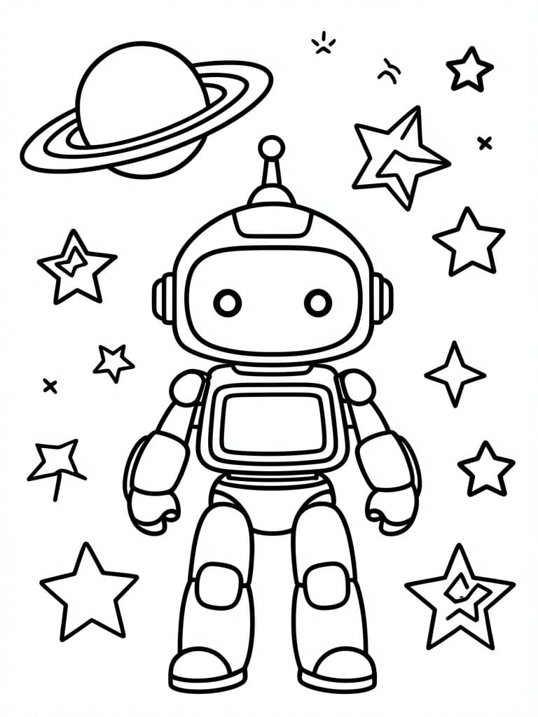 Bold line coloring page of a robot standing in space with a ringed planet and scattered stars.