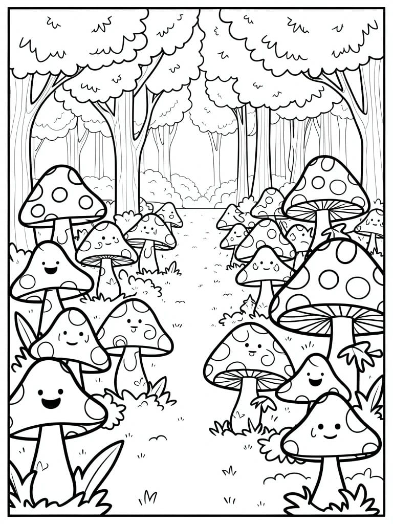 Black and white line drawing of cartoon mushrooms with faces and spots in a forest scene.