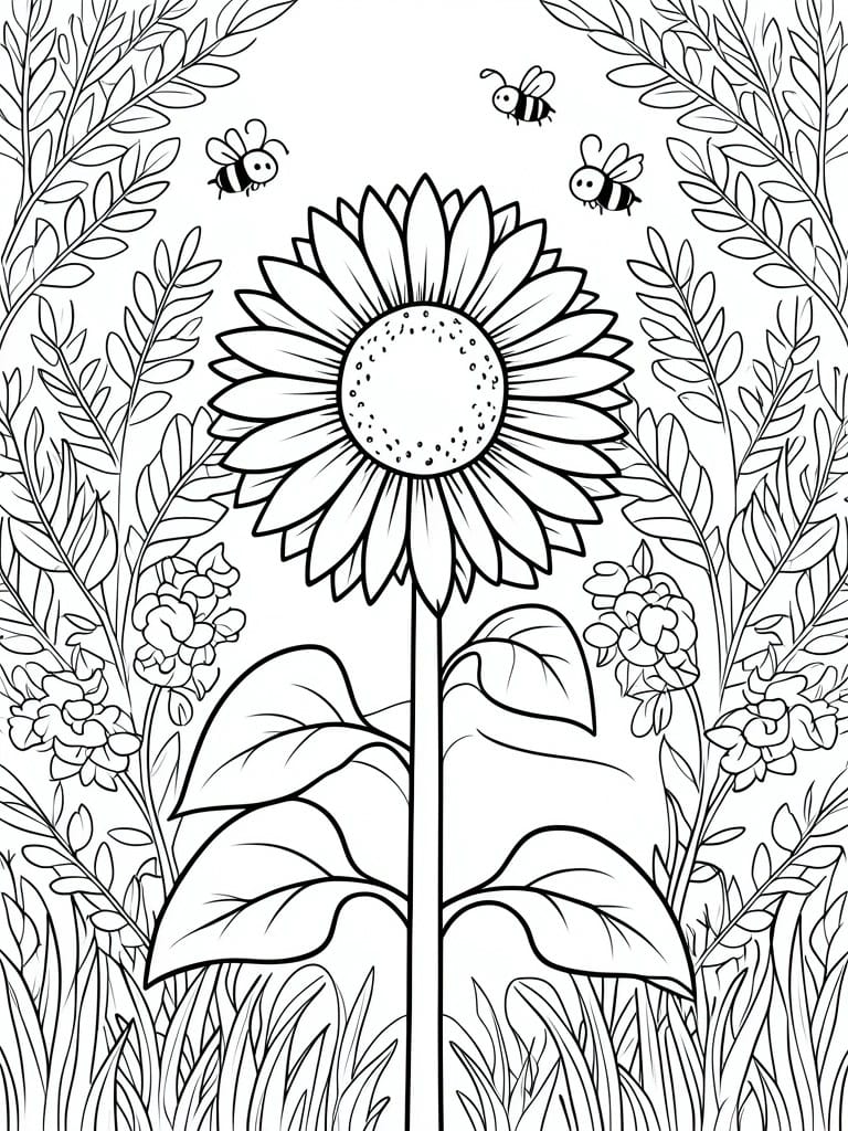 Black-and-white line art of sunflower with bees amid leaves and flowers