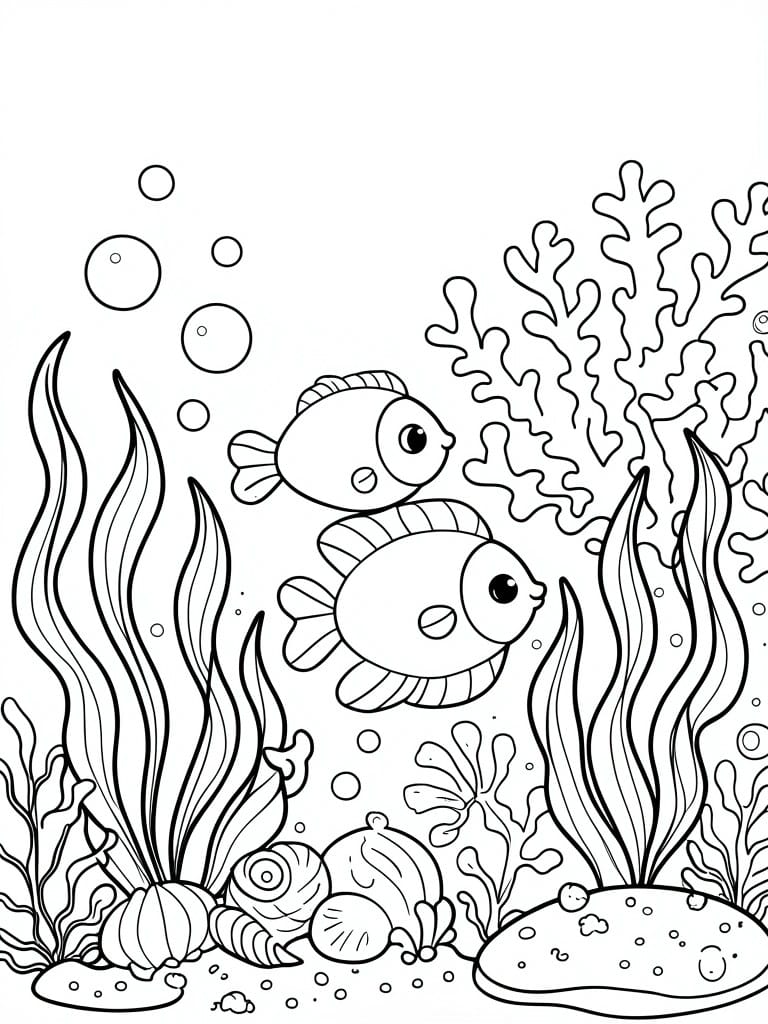 Two cartoon fish swimming among coral, seaweed, shells, and bubbles in line art.