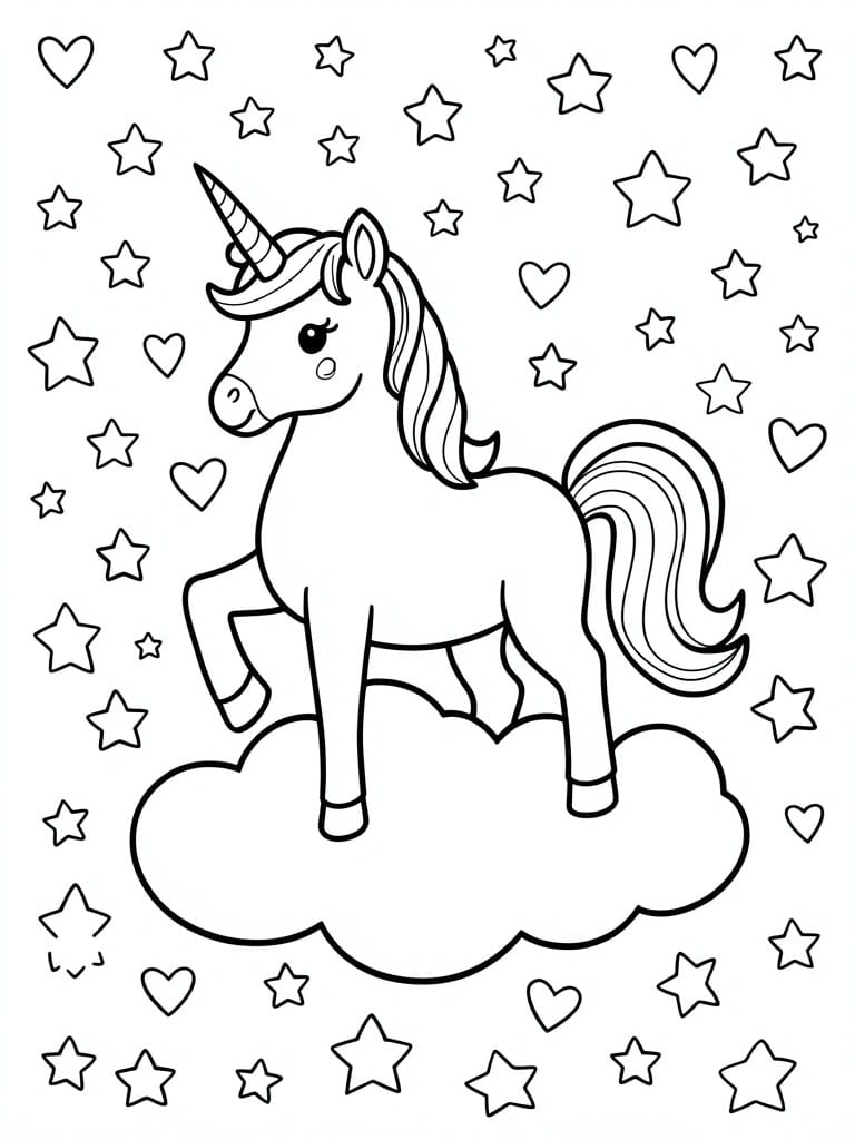 Unicorn with horn standing on cloud amid stars and hearts in outline drawing