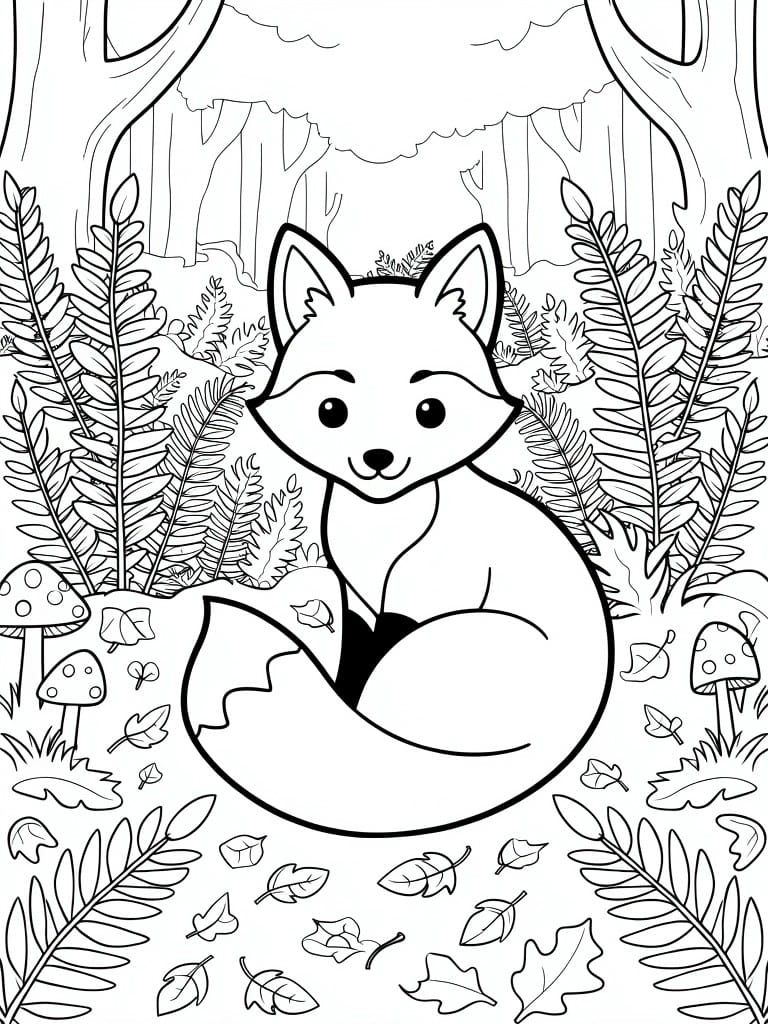 A black and white line drawing of a sitting fox in a forest with ferns, mushrooms, leaves, and trees.