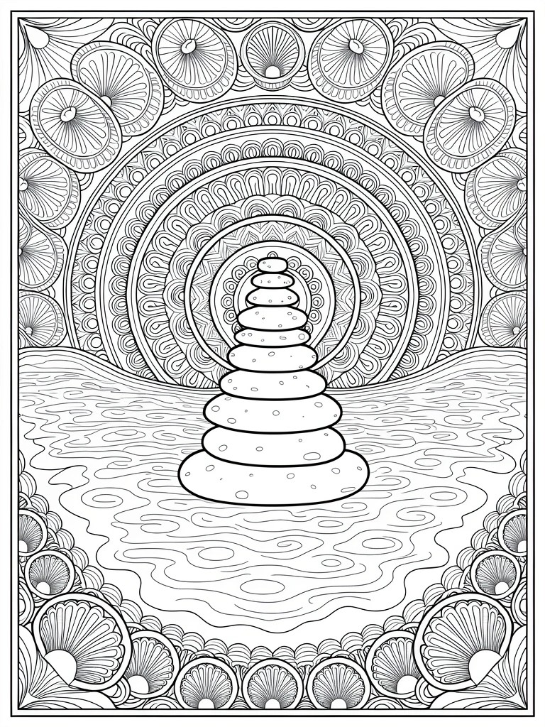 Stacked stones over rippled water with mandala circles and shell patterns