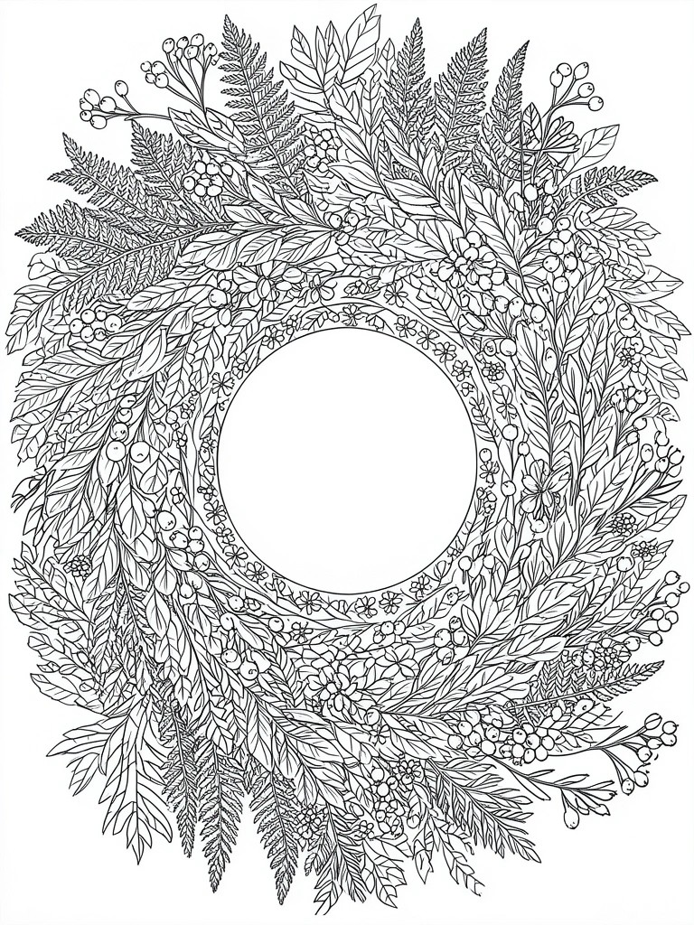 Intricate black-and-white line drawing of a circular botanical wreath with leaves, ferns, and berries