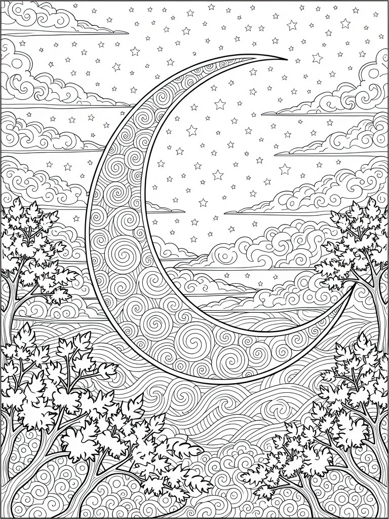 Detailed coloring page of crescent moon, stars, clouds and trees at night
