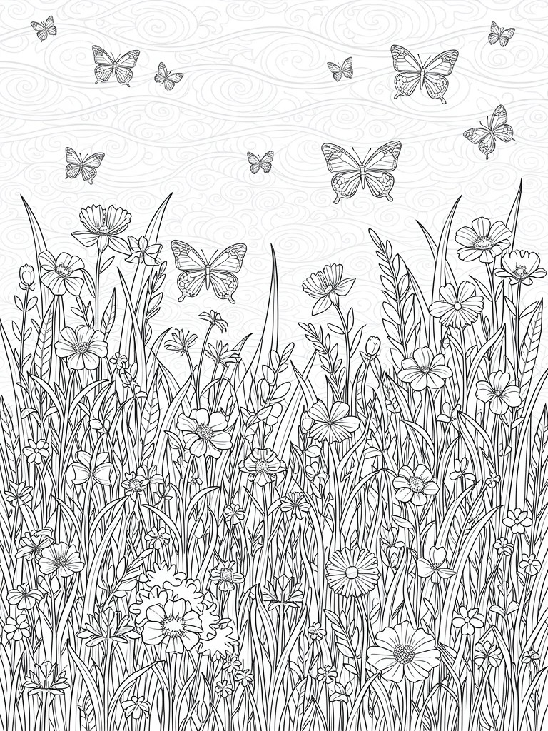 A black and white line drawing of a dense field of wildflowers and grasses with multiple butterflies flying above and wavy lines across the sky.