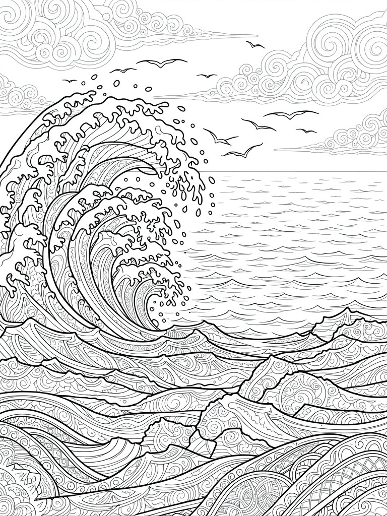 Coloring page of large curling wave with birds over patterned ocean and clouds.
