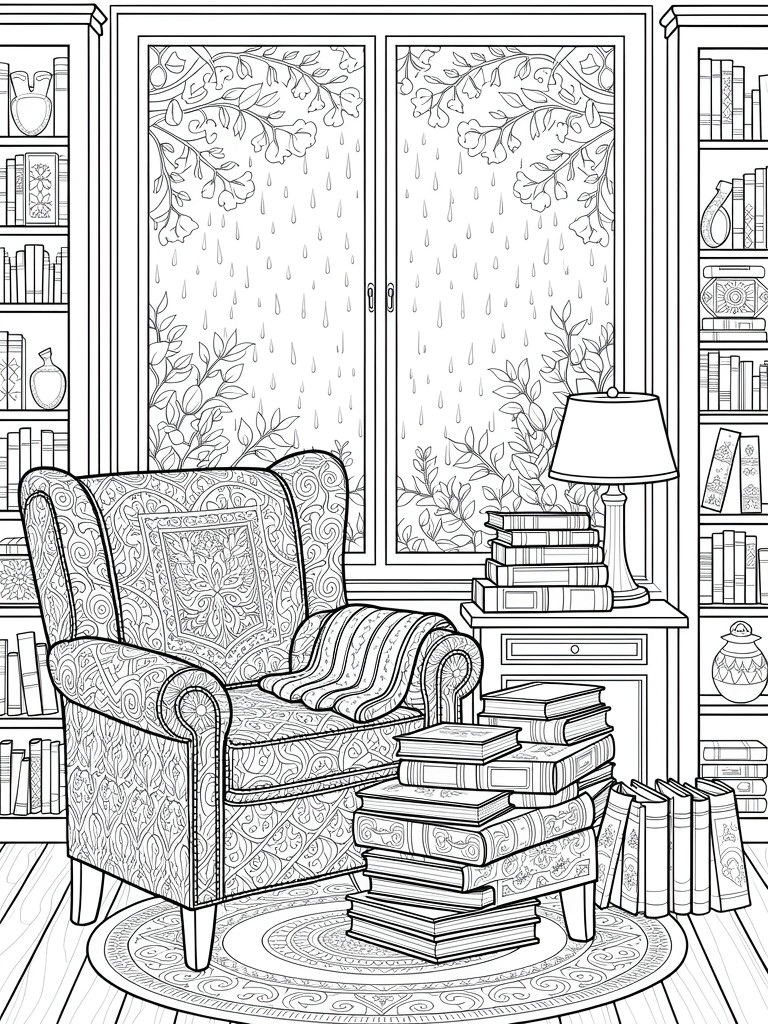 Ornate patterned armchair with book stacks beside lamp and rainy window, line art.