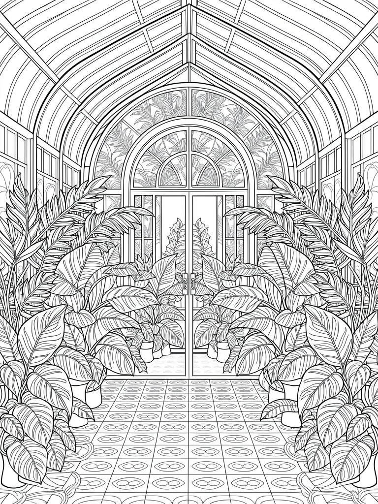 Lush potted plants fill a glass-arched greenhouse with tiled floor and double doors.