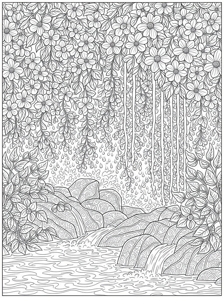 A black and white line drawing of a waterfall cascading over patterned rocks with hanging flowers and vines above a pool of water.