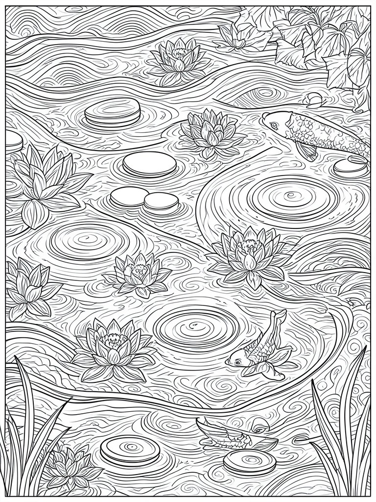 A black and white line drawing of a pond filled with koi fish, lotus flowers, lily pads, and swirling water patterns.