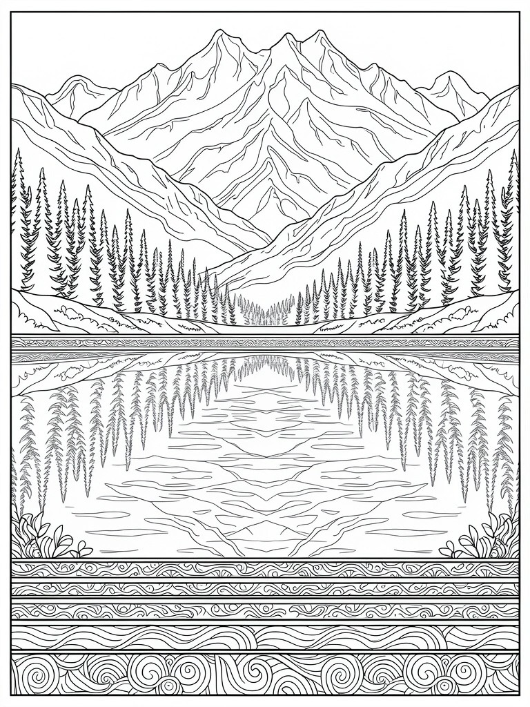Black and white line drawing of mountains, pine trees, a reflective lake, and decorative borders at the bottom.