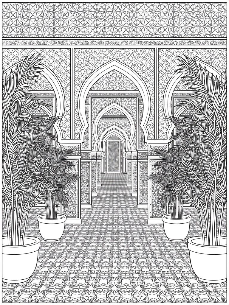 Ornate arched hallway with intricate patterns and potted palm plants in line art.