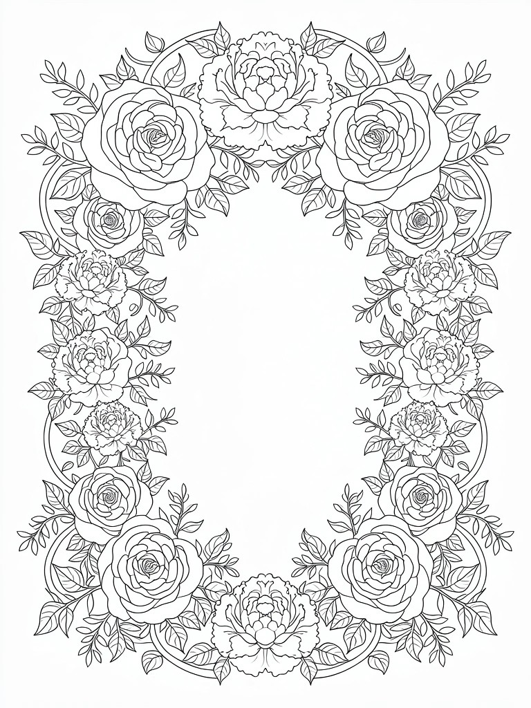 Black and white line drawing of floral wreath with roses and leaves