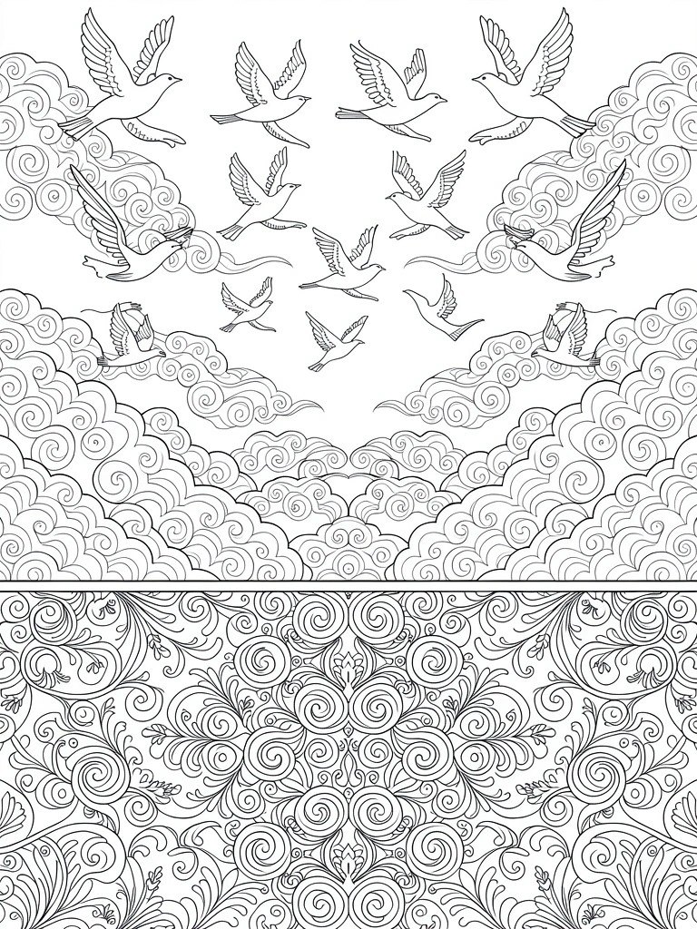 Coloring page split into an upper section of birds flying among clouds and a lower section of dense swirling patterns.