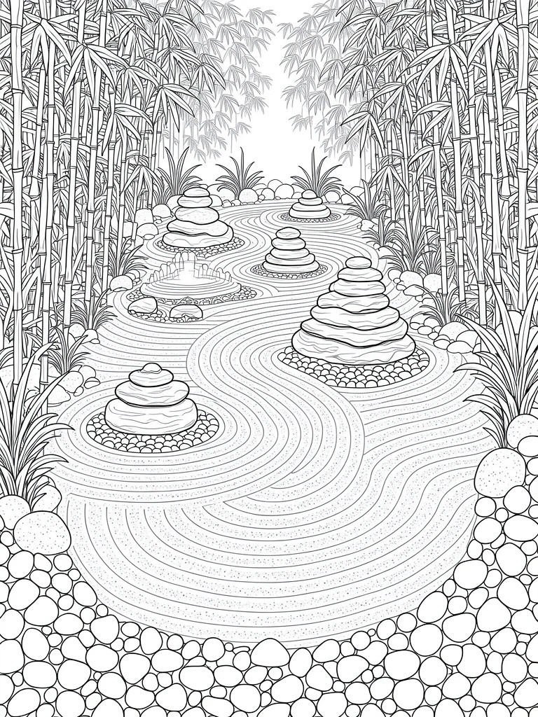A coloring page showing a curving path through bamboo trees lined with stacked stone cairns and pebble borders.