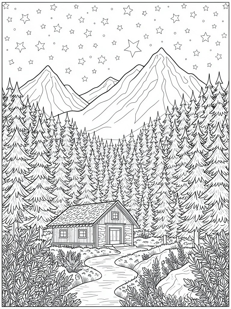 Coloring page of log cabin in pine forest with mountains and starry sky