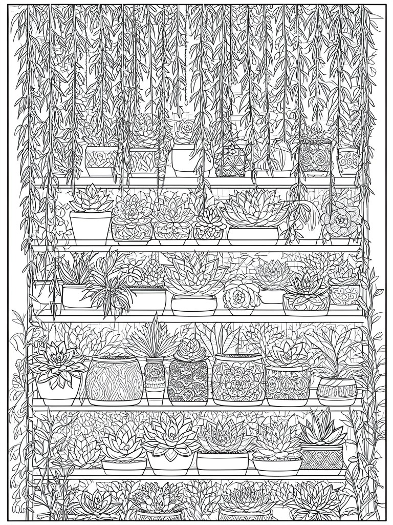 A black and white line drawing of five shelves filled with potted succulents and trailing plants against a brick wall.