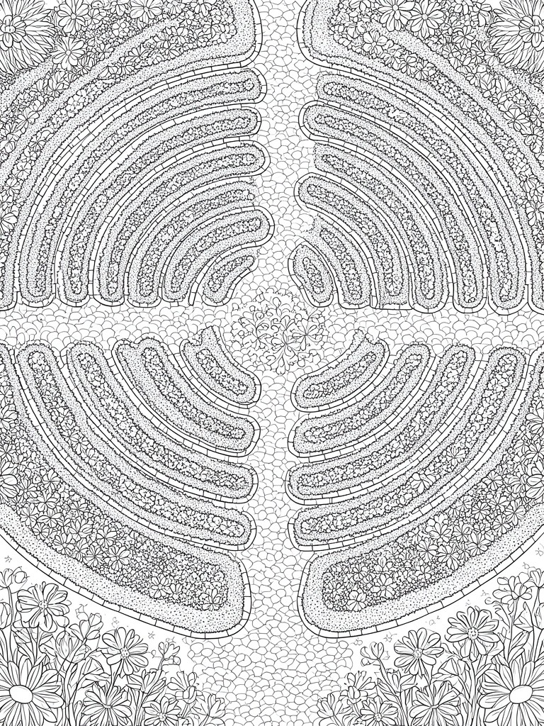 A black and white coloring page with symmetrical curved arches filled with floral patterns, brick borders, and dotted textures, plus flower clusters at top and bottom.