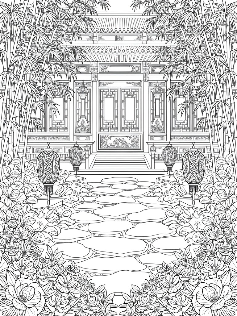 A black and white line drawing of an Asian-style building with hanging lanterns, a stone path, bamboo, and flowers.