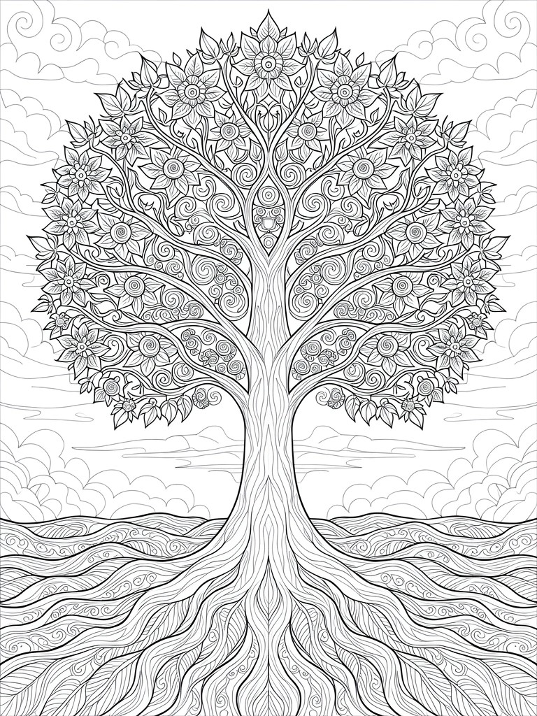 Intricate black and white line art of a flowering tree with swirling branches and roots.