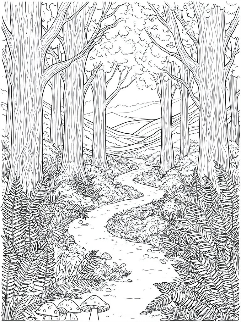 Black-and-white line drawing of winding forest path with ferns, trees, and mushrooms