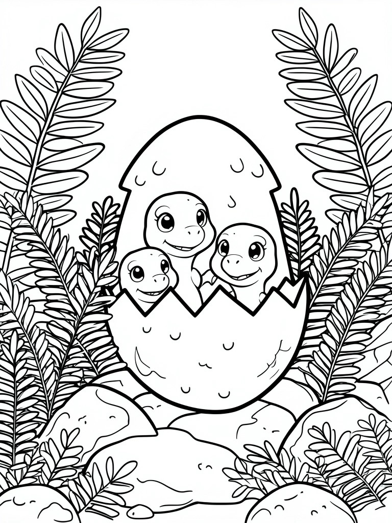 Three baby turtles hatching from cracked egg amid ferns and rocks