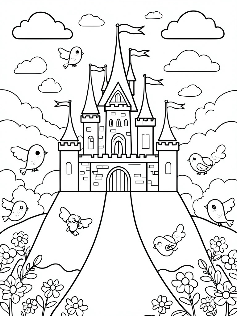 Coloring page showing a castle with towers and flags, birds flying around it, clouds in the sky, flowers at the bottom, and a path leading to the entrance.