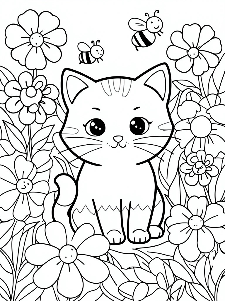 Cute cartoon cat sitting among flowers with two bees flying above in line art.