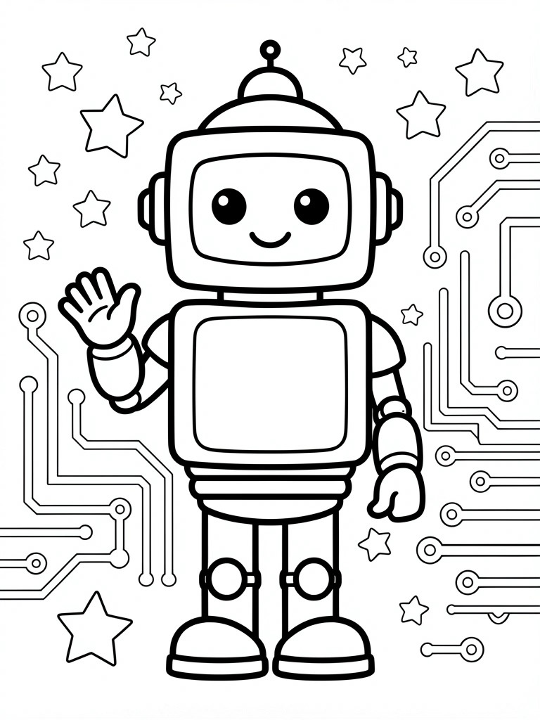 A black and white line drawing of a cartoon robot waving one hand, with stars scattered around and circuit board designs on both sides.