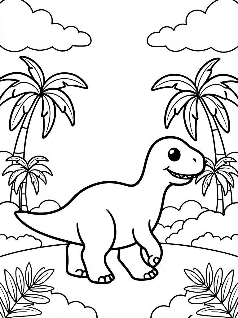 Coloring page of smiling dinosaur walking among palm trees and clouds.