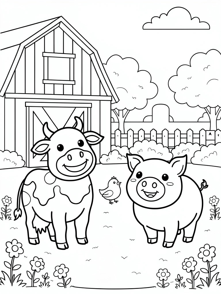 Cartoon cow and pig smiling before a barn with flowers, trees and fence.