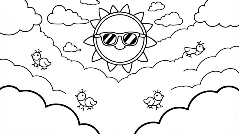 20 Easy Printable Coloring Pages for Quick At-Home Fun A black and white coloring page showing a smiling sun with glasses in the center surrounded by clouds and several birds.