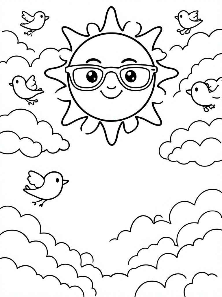 A black and white coloring page showing a smiling sun with glasses in the center surrounded by clouds and several birds.
