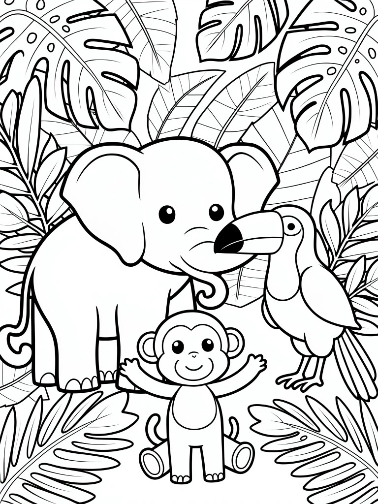 Cartoon elephant, smiling monkey, and toucan amid jungle leaves in line art