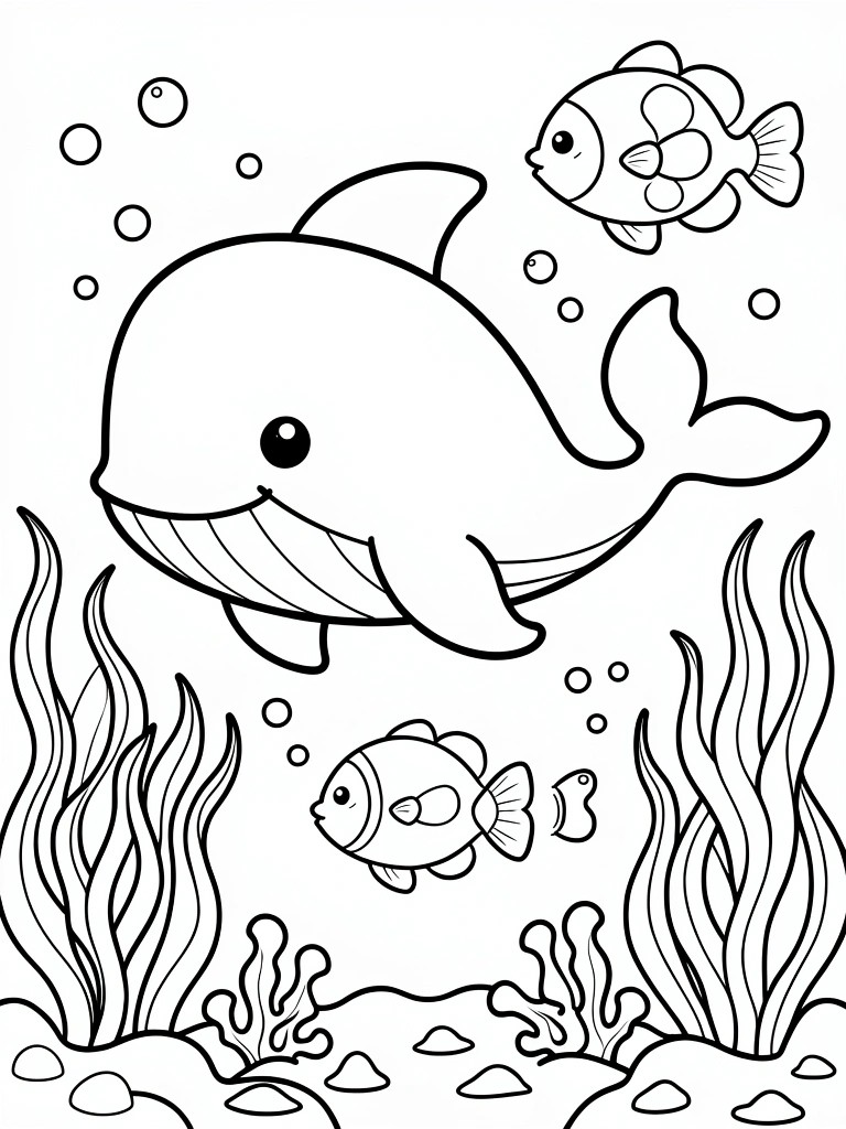 Black-and-white line drawing of smiling dolphin with fish, seaweed, and bubbles underwater