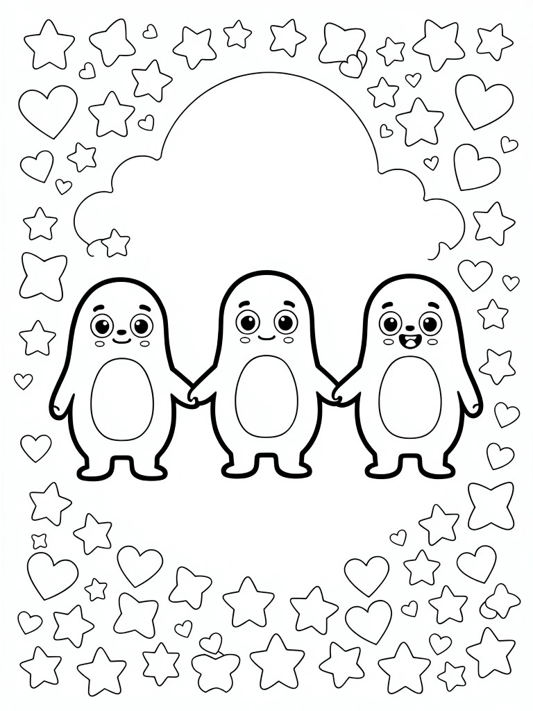 Three cute penguins holding hands under moon amid stars and hearts coloring page