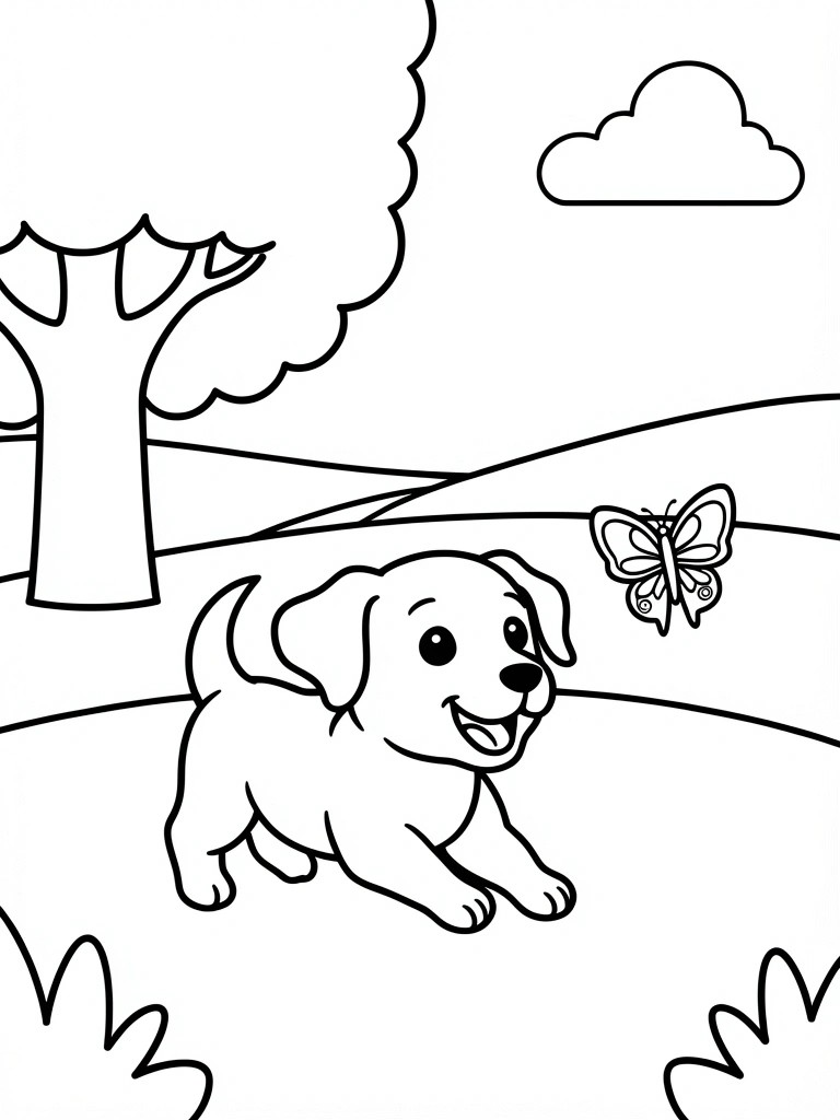 A black and white line drawing shows a puppy running toward a butterfly in a field with a tree and clouds.
