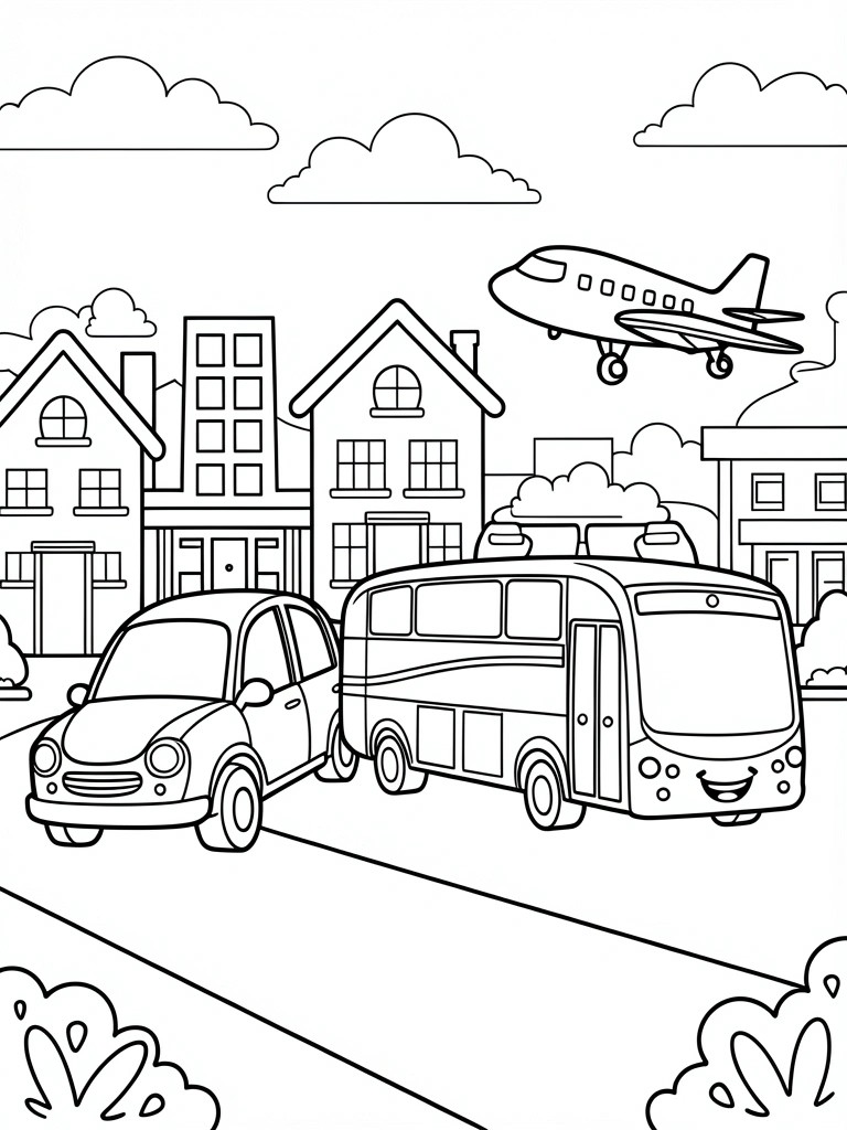 A black and white coloring page shows a car and smiling bus on a road with houses behind them and an airplane flying in the sky above.