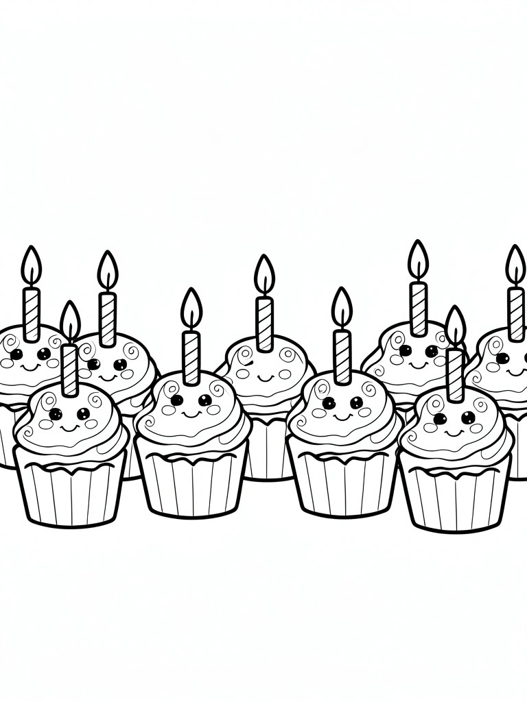 Black and white line drawing of cartoon cupcakes with faces and candles arranged in a single row.
