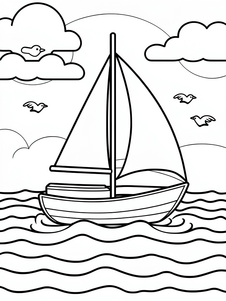 Sailboat with two sails on wavy water beneath clouds and flying birds.